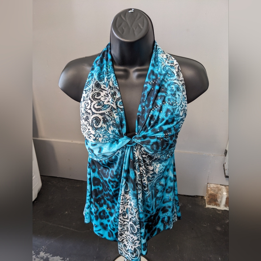 Large Women's Blue, Black, & Silver Lipstick Halter Top